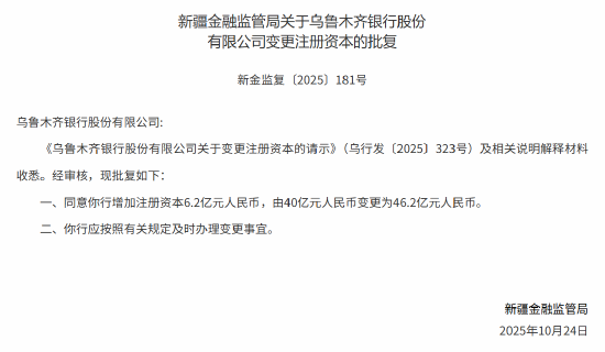 乌鲁木齐银行获批增资6.2亿元