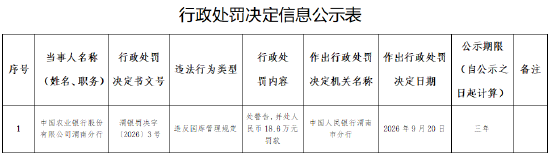 农业银行渭南分行被罚18.6万元：违反国库管理规定