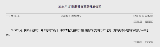 央行：1月三大政策性银行净新增抵押补充贷款1500亿元