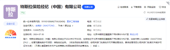 特斯拉保险经纪(中国)有限公司成立 朱晓彤任董事长