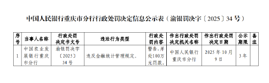 农发行重庆市分行被罚100万元：违反金融统计管理规定