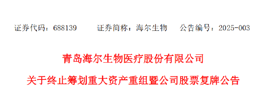 终止吸收合并上海莱士，海尔生物复牌大跌10.8%