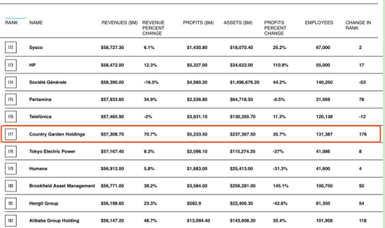 2019《财富》世界500强碧桂园排名第177位