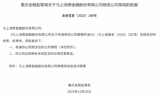 马上消金获批修改公司章程