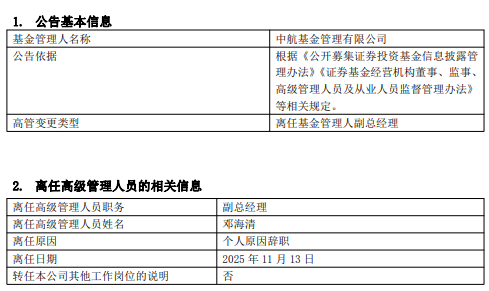中航基金副总经理邓海清辞职 或将加盟中加基金