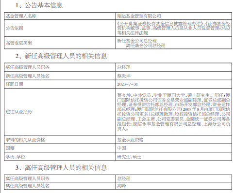 瑞达基金“换帅”！任职9个月，高峰离任 新任蔡炎坤为总经理