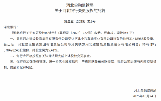 和讯新闻:当当礼品卡-河北银行股权变动:河北建投集团获批受让超3千万股,受让后与关联方合计持股5.41%