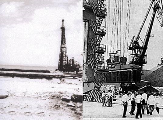 1988年6月，盐田港区打下的第一根桩（左）；1994年，深圳市盐田港一期港口工程正式通过国家验收并交付使用。