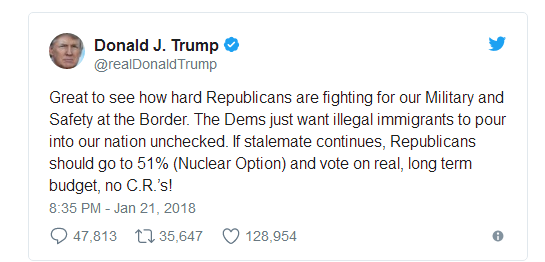 特朗普敦促共和党使用核选项打破预算僵局|特