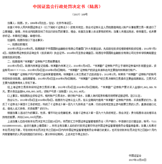 中金公司高级投资经理违法炒股:亏损23万被罚