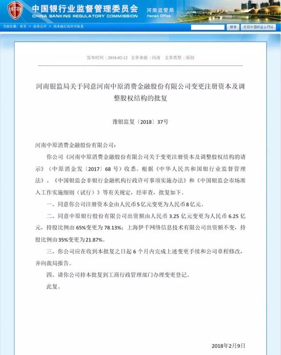 中原消费金融获批增资 注册资本金由5亿增至8