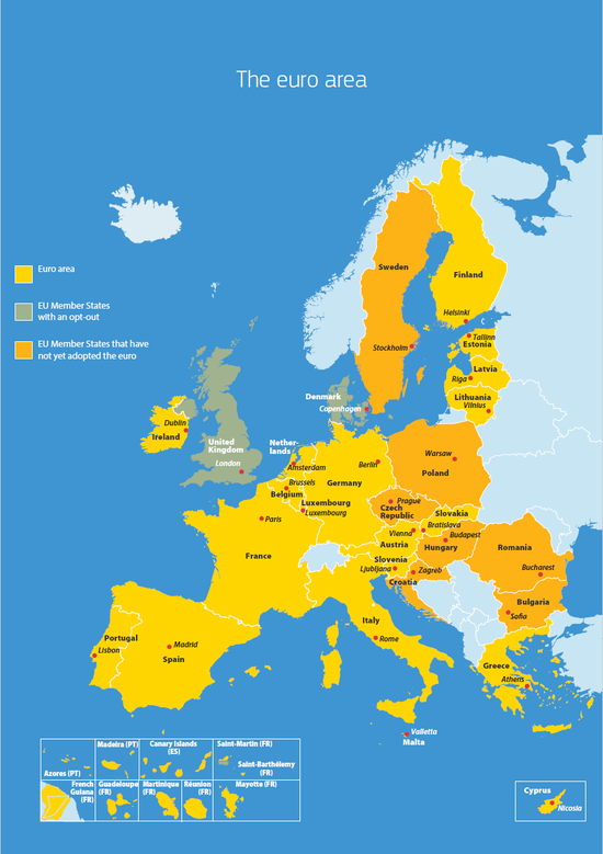 欧元区（Eurozone）国家地理分布。英国于2016年6月公投退出欧盟；丹麦于2000年公投退出欧元区。（图片来源：欧盟官方网站）