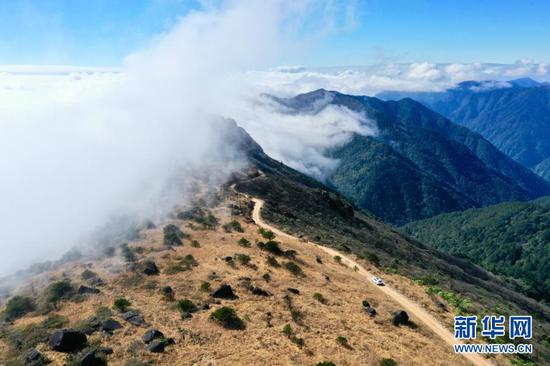 12月1日，车辆行驶在云雾缭绕的武夷主峰黄岗山顶（无人机照片）。