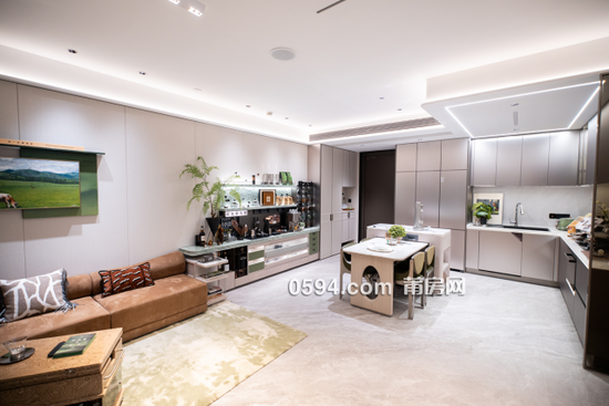 （联发样板间内的“空间折叠术”，厨房实现动线规划、极致收纳，并配备高效智能厨电。图/现场拍摄）