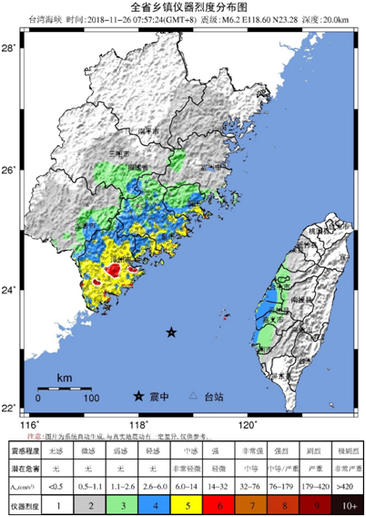 (台湾海峡6.2级地震福建乡镇仪器烈度分布图)