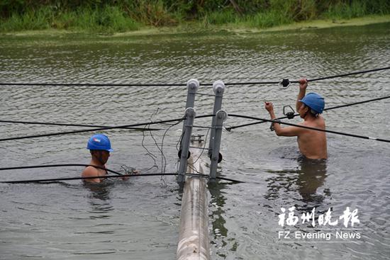 福清电线杆倒伏河面 电力工人拆电线泡水两小