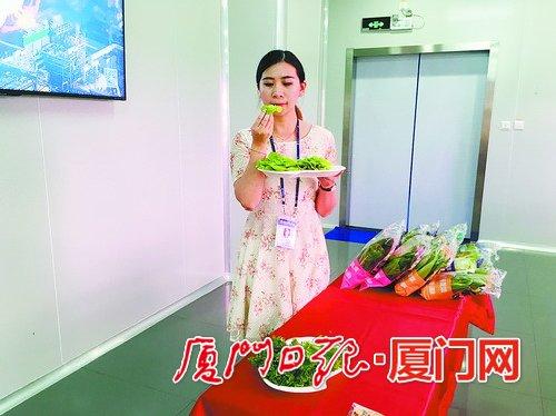 中科三安植物工厂品管部的王婷在展示厅内向记者展示试吃流程。