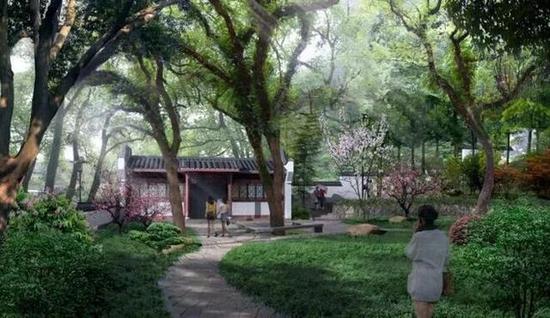 改造原有围墙,增设沿梦山路一侧围墙护栏;替换原有室外地面铺装。