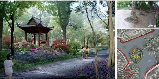 榭坪屿北端一块空地上新建休憩亭,补植绿化。