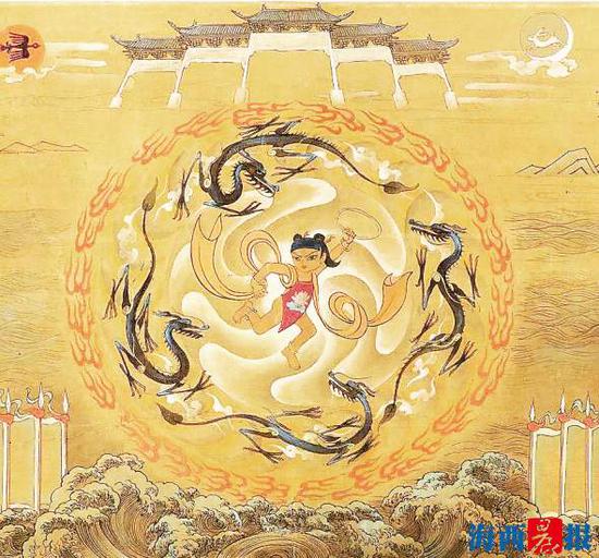 张仃《哪吒闹海》壁画手稿局部图。
