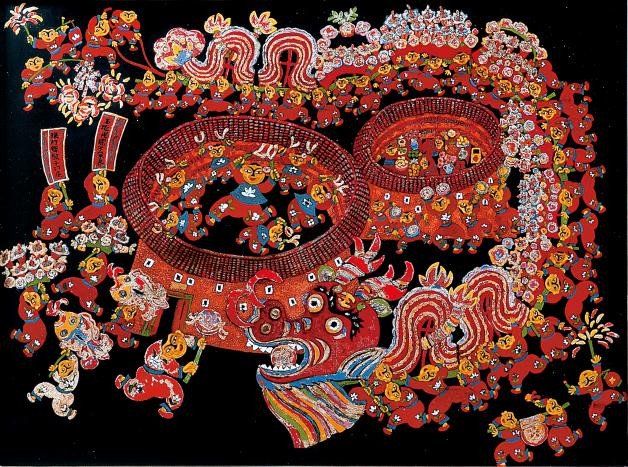 《过大年》吴玉环,60×80cm,农民漆画