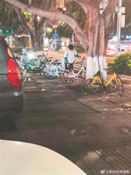 叶建琨在扶共享单车 (家属偷伯的图片)