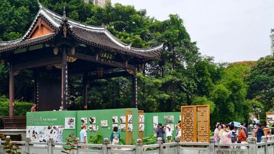 市民游客在茶亭公园参观荷花主题画展。