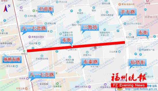 14日凌晨东街临时交通管制示意图。