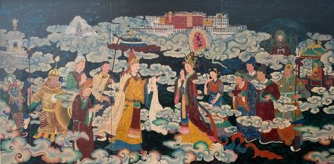 《和谐金桥》仁青朗加、邓珠尼玛、德青绕珠,120×240cm,唐卡漆画