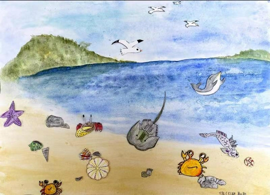 “拥抱蔚蓝海岸，共绘海洋梦想”海洋绘画大赛第一名获奖作品：《沙滩》