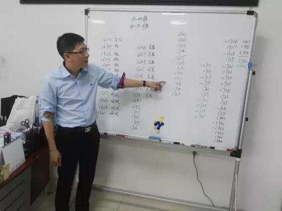 海纳机械董事长洪奕元在他最钟爱的办公室白板上记录订单与增长情况,今年的订单同比增长超过50%。”王雄 摄