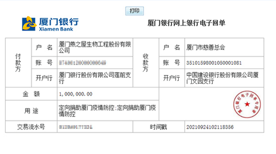 图：燕之屋向厦门慈善总会捐赠100万元
