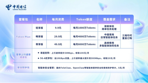 中国电信推出的试商用Token套餐（面向个人及家庭客户版）