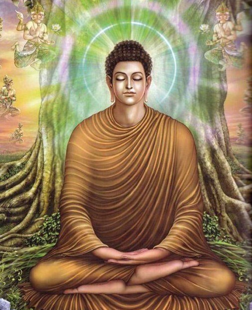悉达多太子在菩提树下静坐四十九天，于最后一天夜里悟道成佛。