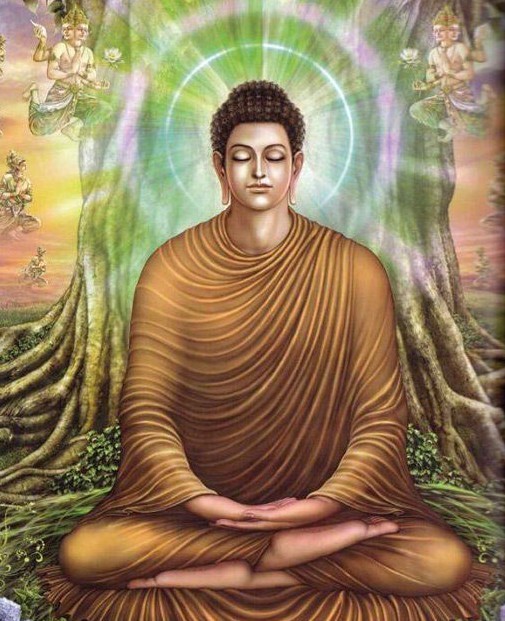 悉达多太子在菩提树下静坐四十九天,于最后一天夜里悟道成佛。