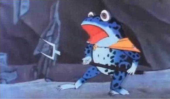 青蛙精明明拿着一个叉子,然后到下一个镜头,它攻击葫芦娃的武器却换成