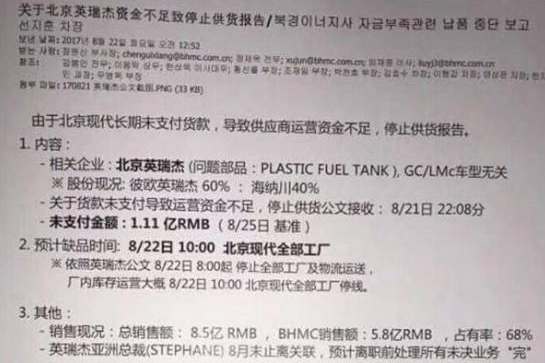 北京现代欠款停产，原因是中韩两方背后博弈？