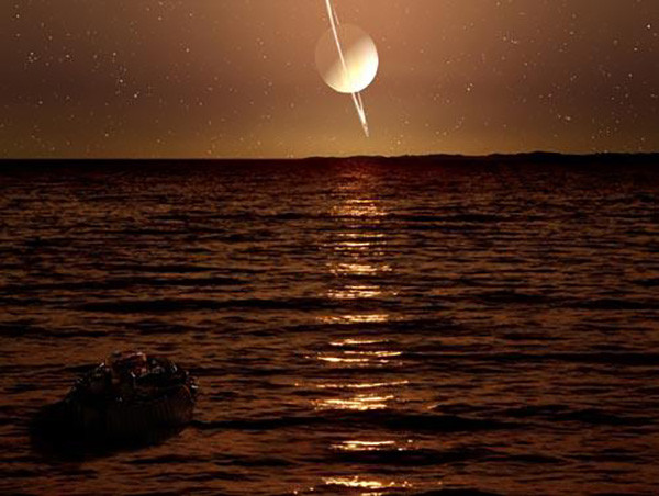 2005年12月16日，惠更斯号漂浮在夜幕下的“甲烷湖”