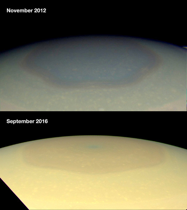  2012年11月和2016年9月，土星北极的颜色变化