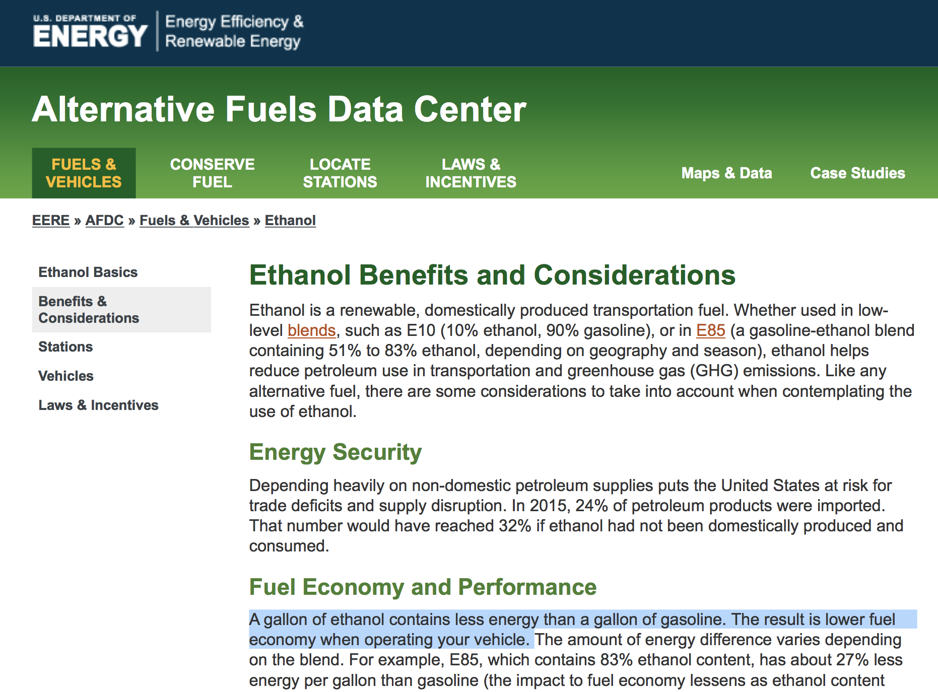 ▲美国能源部网站上,提到乙醇汽油的燃油经济性会降低