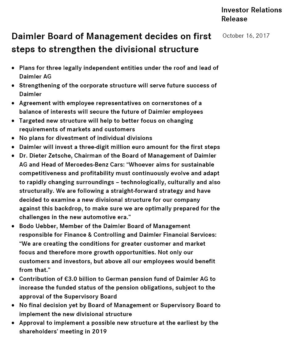 奔驰宣布变更组织架构 乘用车、商用车和金融单飞