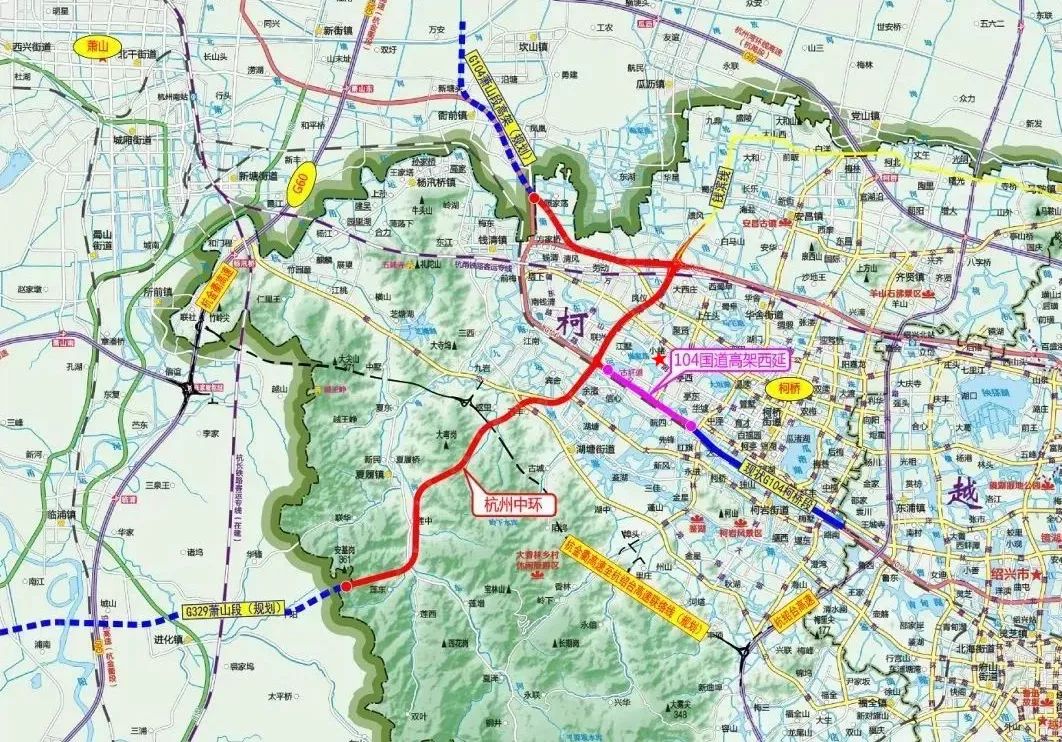 104国道浙江段线路图,浙江104国道全程地图 根据最终线路图可见,杭州中环(柯桥段)总长约22.