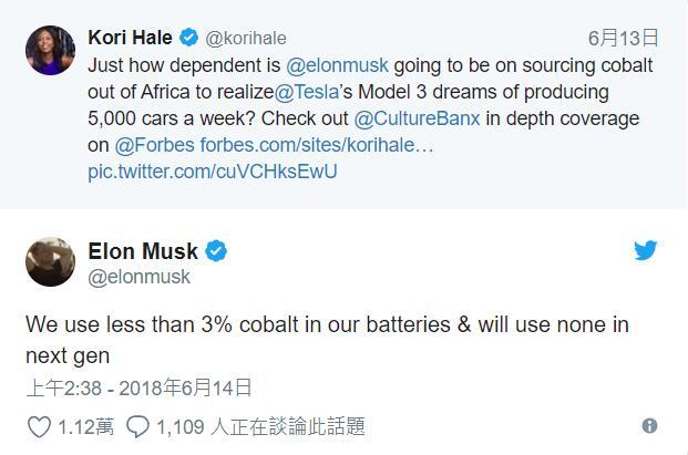 马斯克：特斯拉电池钴用量不到 3% 次代用量是零