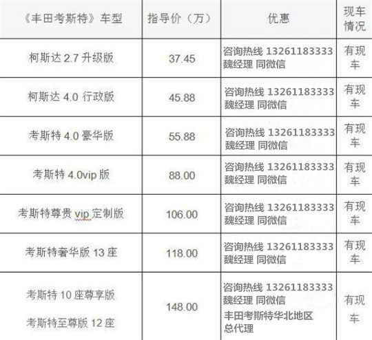 丰田考斯特11座价格考斯特11座新款价格