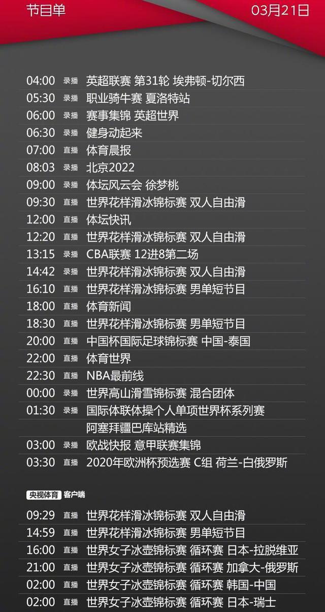 今日央视节目 CCTV5直播中国男足VS泰国+欧