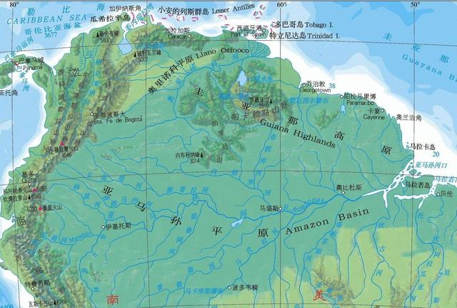 南美洲地形特征：西部安第斯山脉贯穿南北，东部平原高原间隔分布