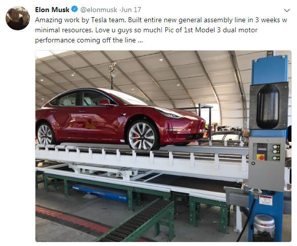 特斯拉建“帐篷”车间，冲刺周产5000辆Model3目标