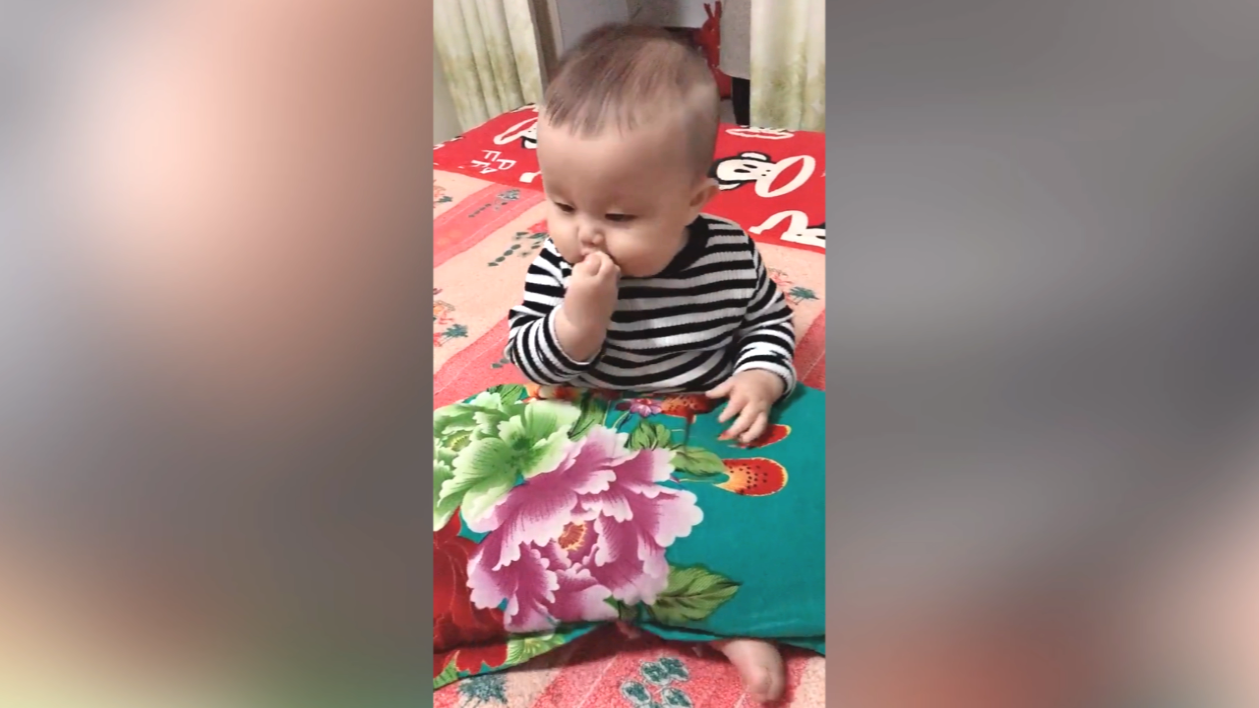 萌娃抱着枕头吃东西,脸蛋肉嘟嘟的,网友:吃相越