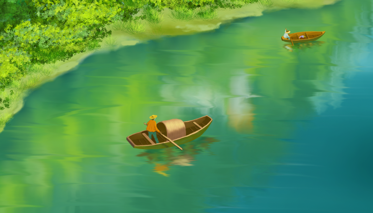 小河里面画了两艘小船,别有一番江南风情