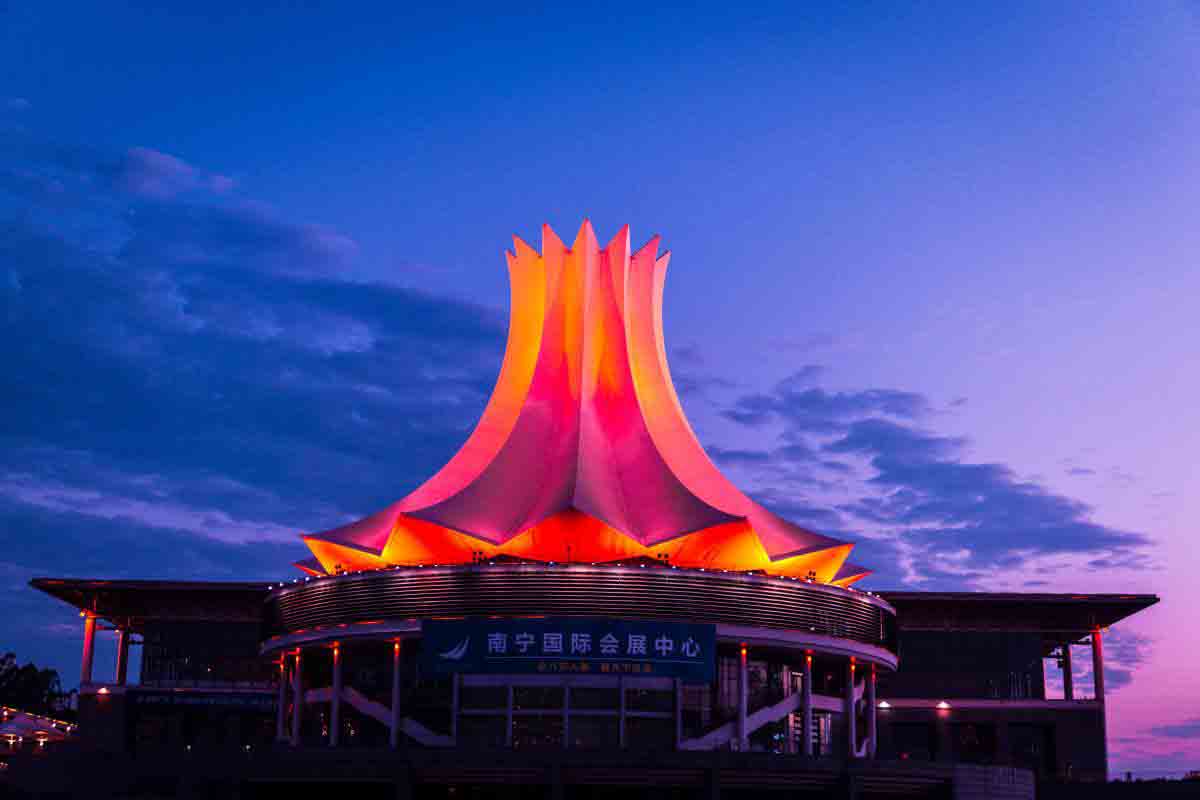 会展中心大穹顶直径约60米,重达800吨,以朱槿花为造型.